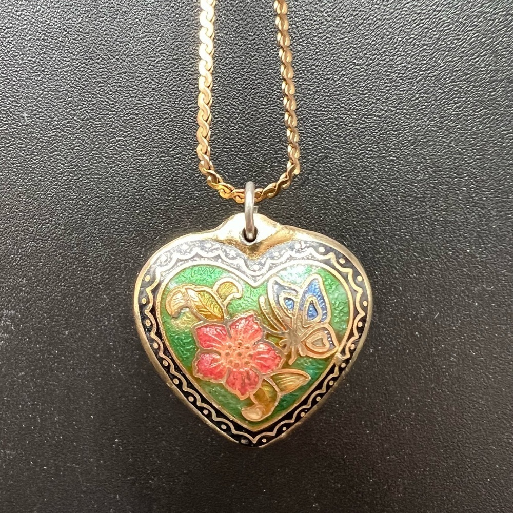 VTG Floral Butterfly heart Cloisonné Enamel Pendant 1/20 12K GF Necklace JK